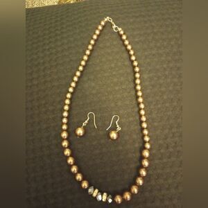 Dark brown faux pearl necklace with Blue jewels and matching earrings